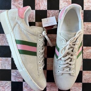 Gucci Women's Web Accent Suede Stripe Sneakers Pink Green Size 9.5